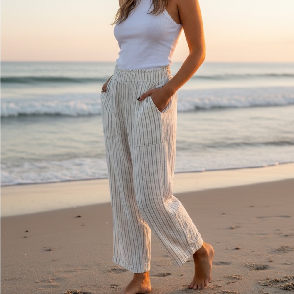 Time and Tru Cream Striped Wide-Leg Linen Pants